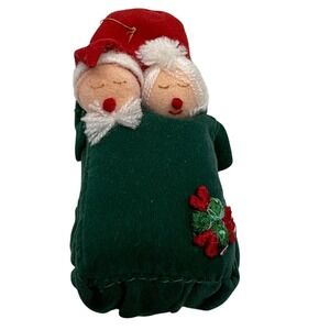 1960s Mr and Mrs Claus Sleeping in Bed Christmas Ornament Felt 3.5" Vintage